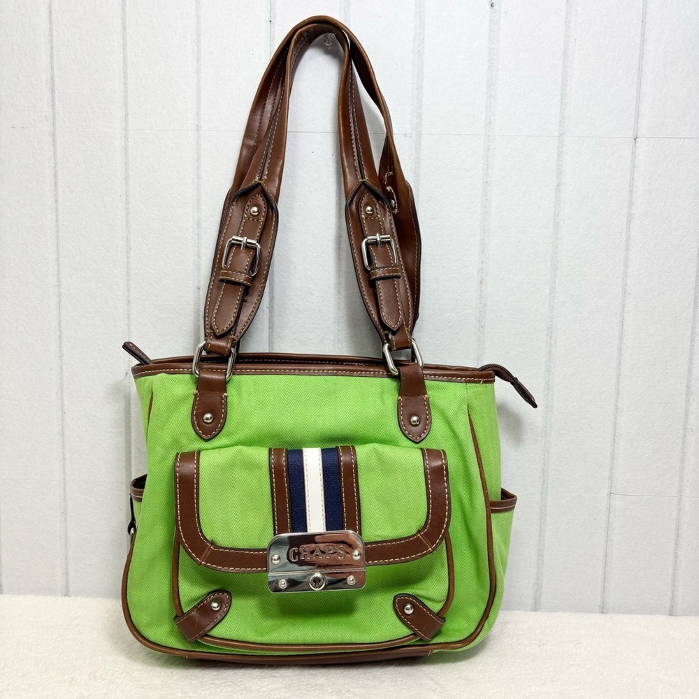 Chaps Vintage Lime Green Canvas & Brown Leather Trim Shoulder Bag Purse